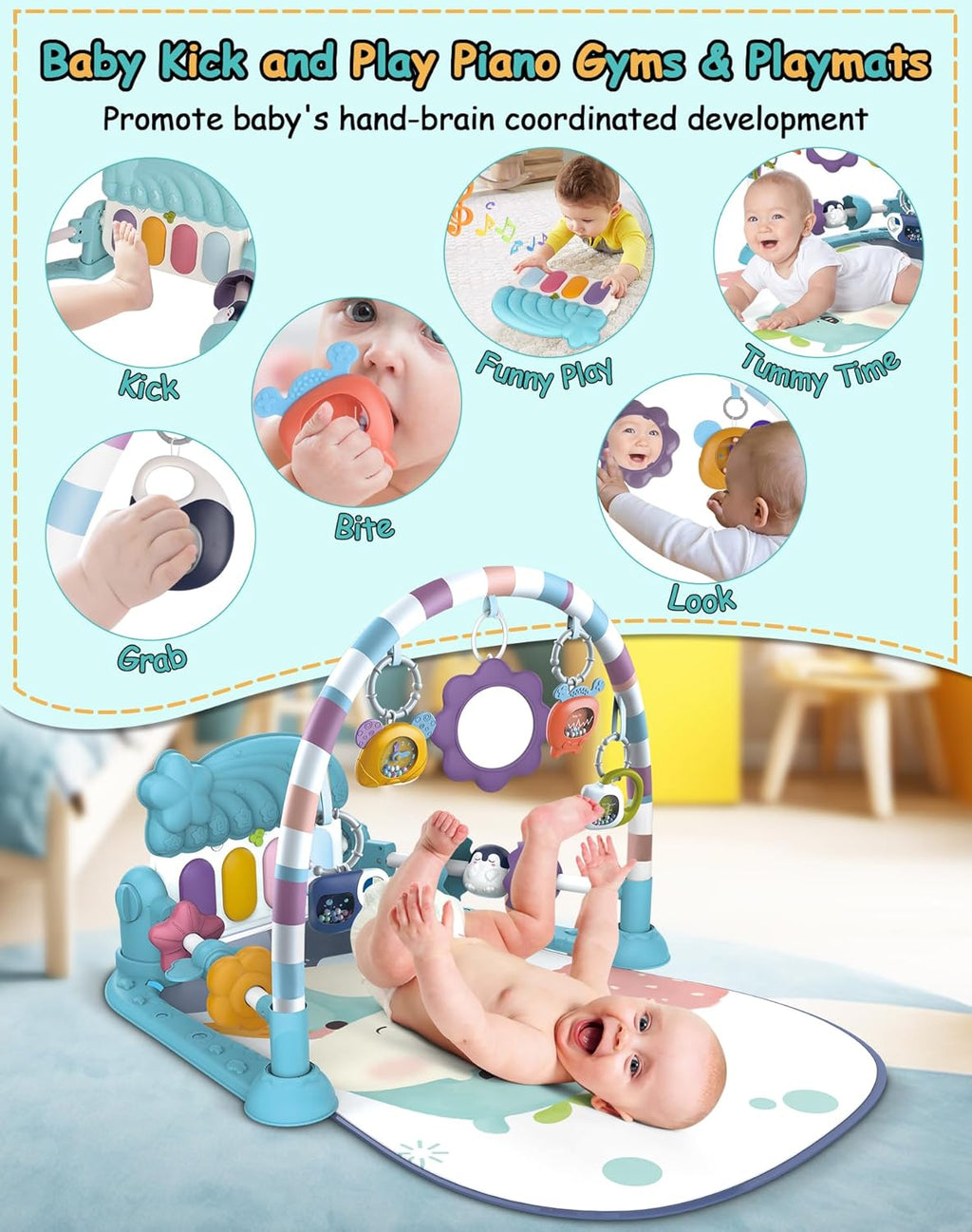 Blue Foldable Tummy Time Play Mat with Piano Gym G92890
