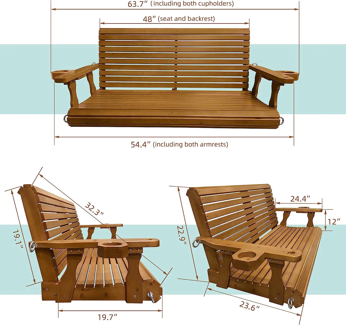 Brown 2 Seater Wooden Porch Swing with Cupholders O384055