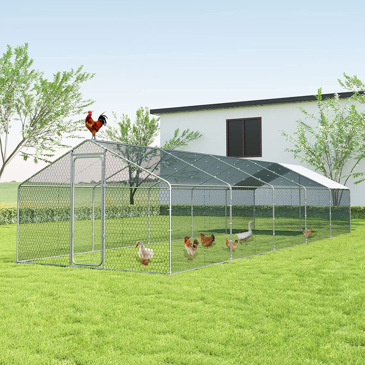 Large Metal Walk-in Chicken Coop with Waterproof UV Protection Cover J654534