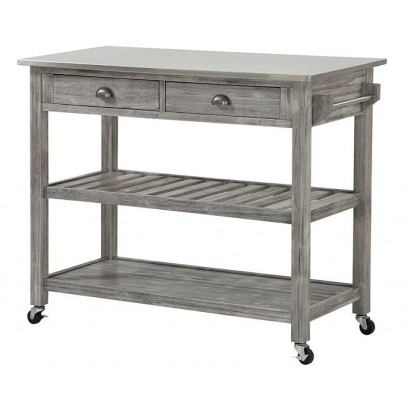Storm Gray Wire-Brush Kitchen Cart with Stainless Steel Top U761