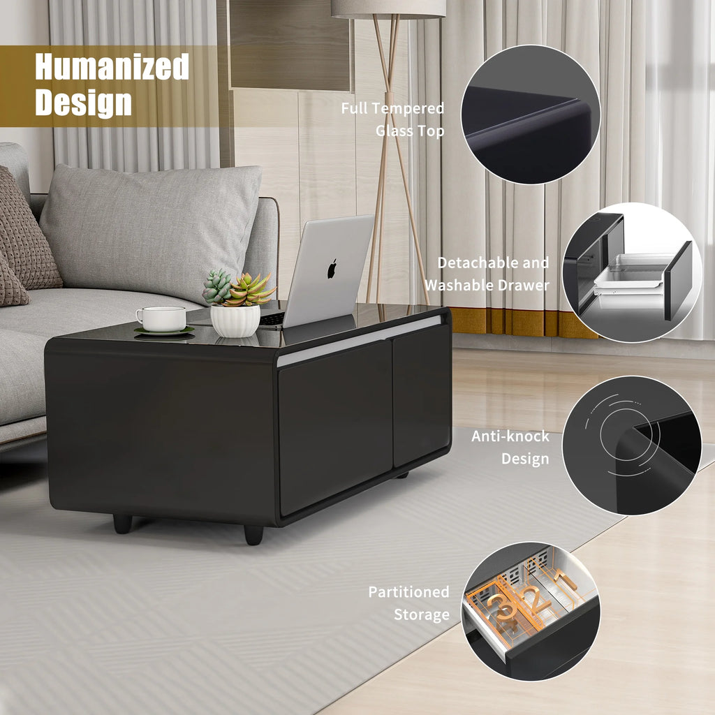 41.5" Smart Coffee Table with Fridge Drawers, Wireless Charging, USB Ports and Outlet, Black O640
