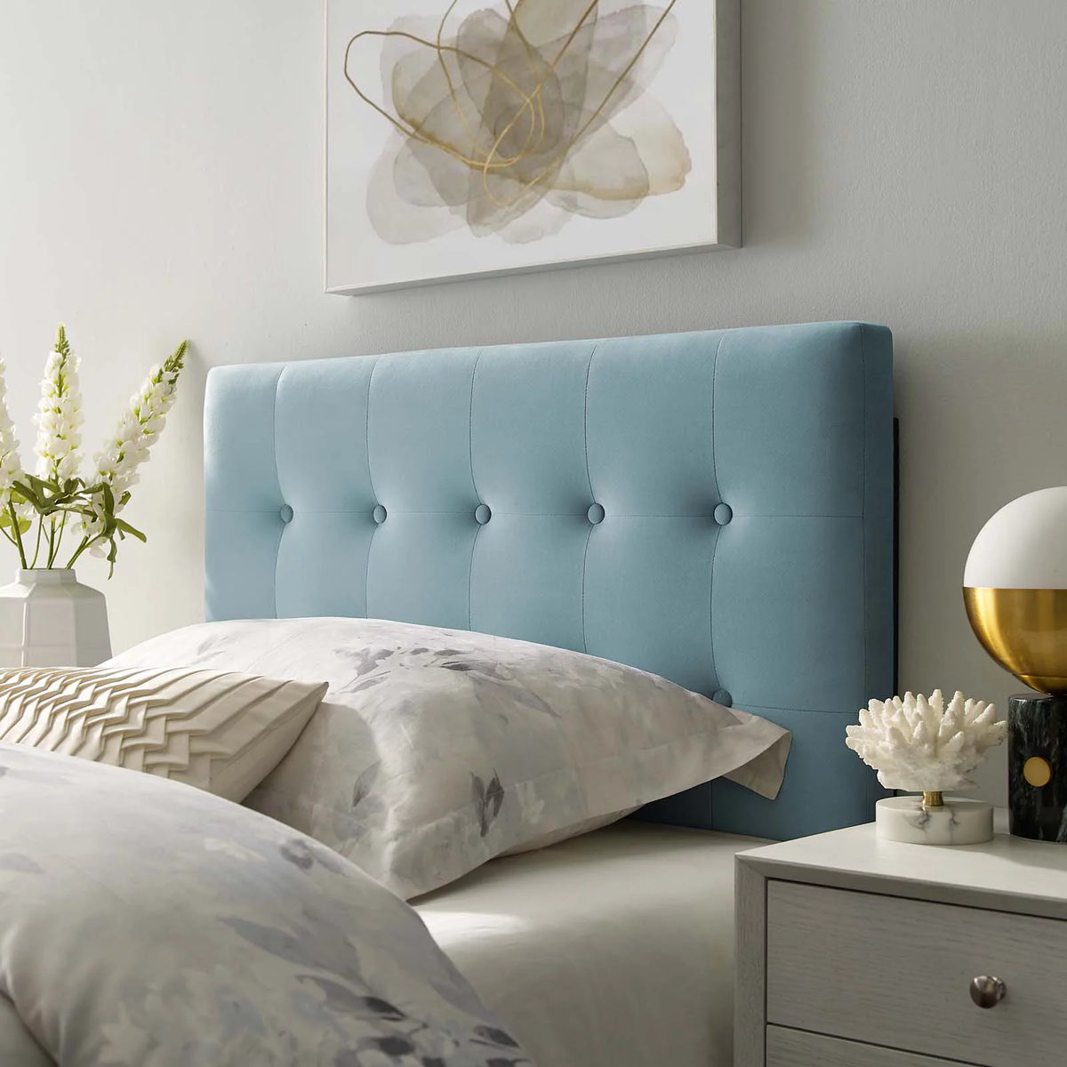 Light Blue Velvet Twin Size Tufted Headboard I457