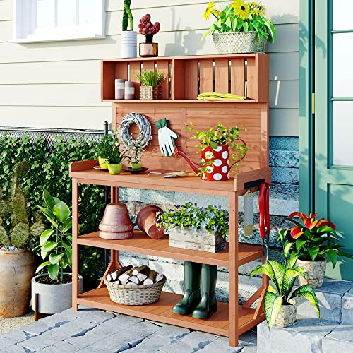 Green Wooden Potting Bench Table with Storage Shelves U86251