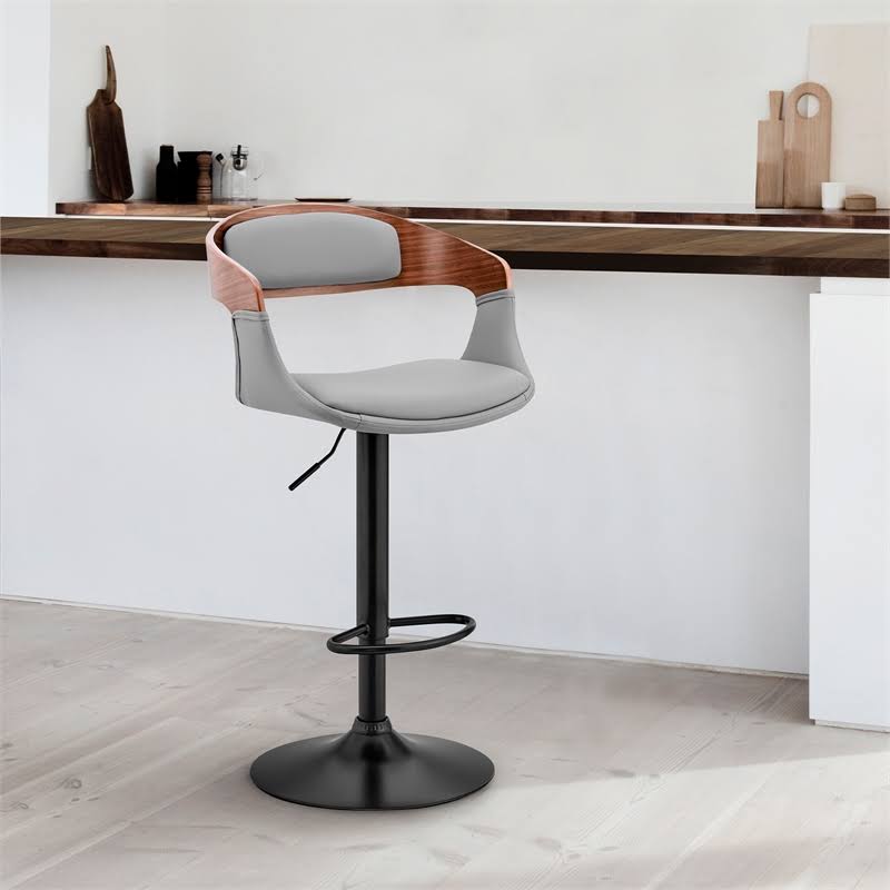 Gray Faux Leather and Walnut Wood Bar Stool with Black Base O10203