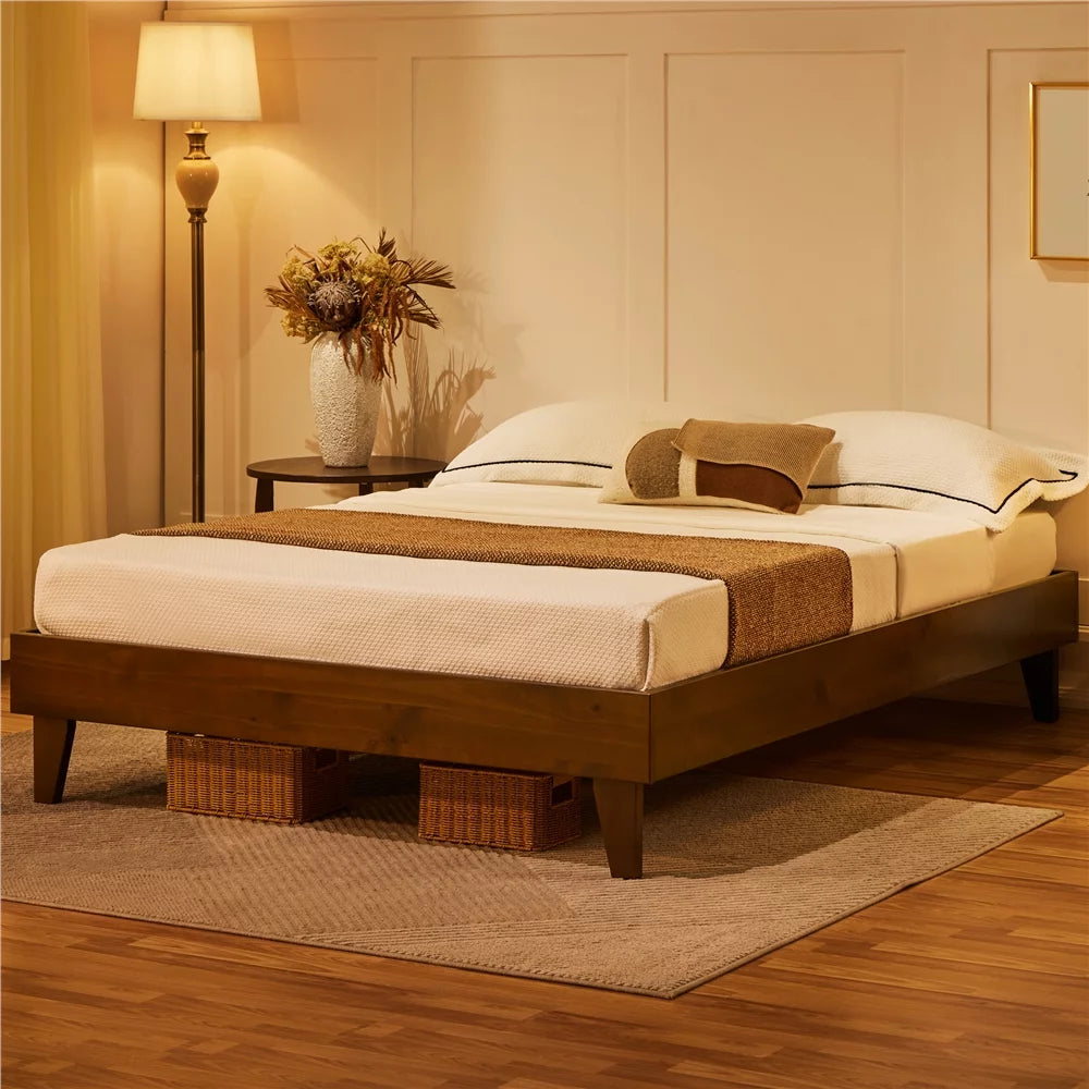 Queen Smoked Walnut Platform Bed Frame with Wood Slat Support N365479