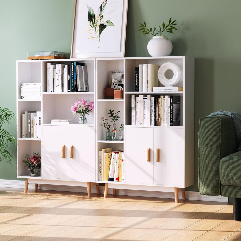 White 2-Tier Bookshelf with 2 Doors 3 Cubes T7537
