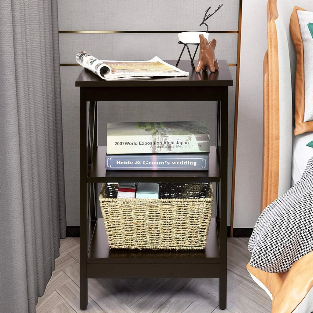 3-Tier Nightstand Set of 2 Wooden Side Table with Storage Shelf Y109