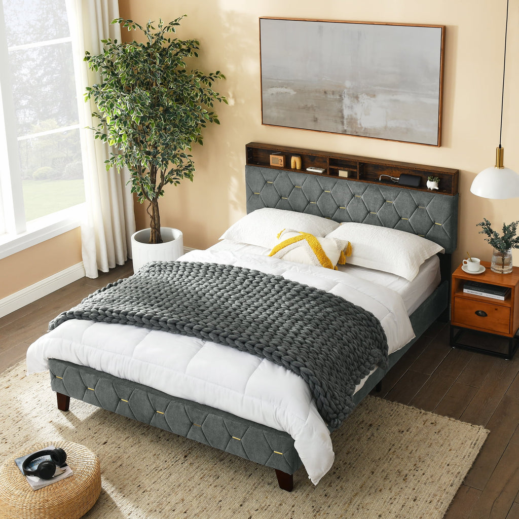 Queen Size Upholstered Platform Bed with Shelf F665702