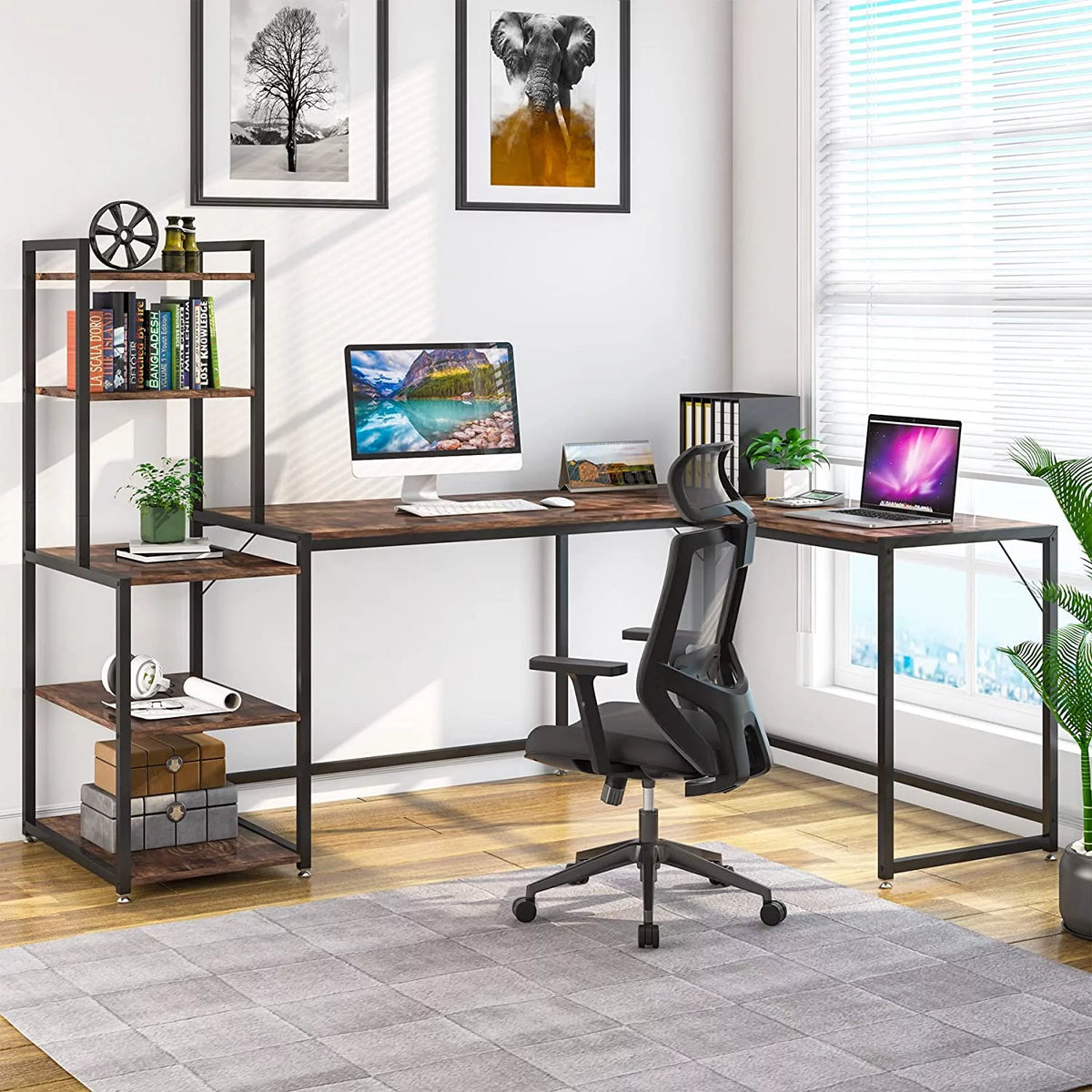 79 inch Reversible L-Shape Corner Computer Desk with 5 Tier Shelves N52353