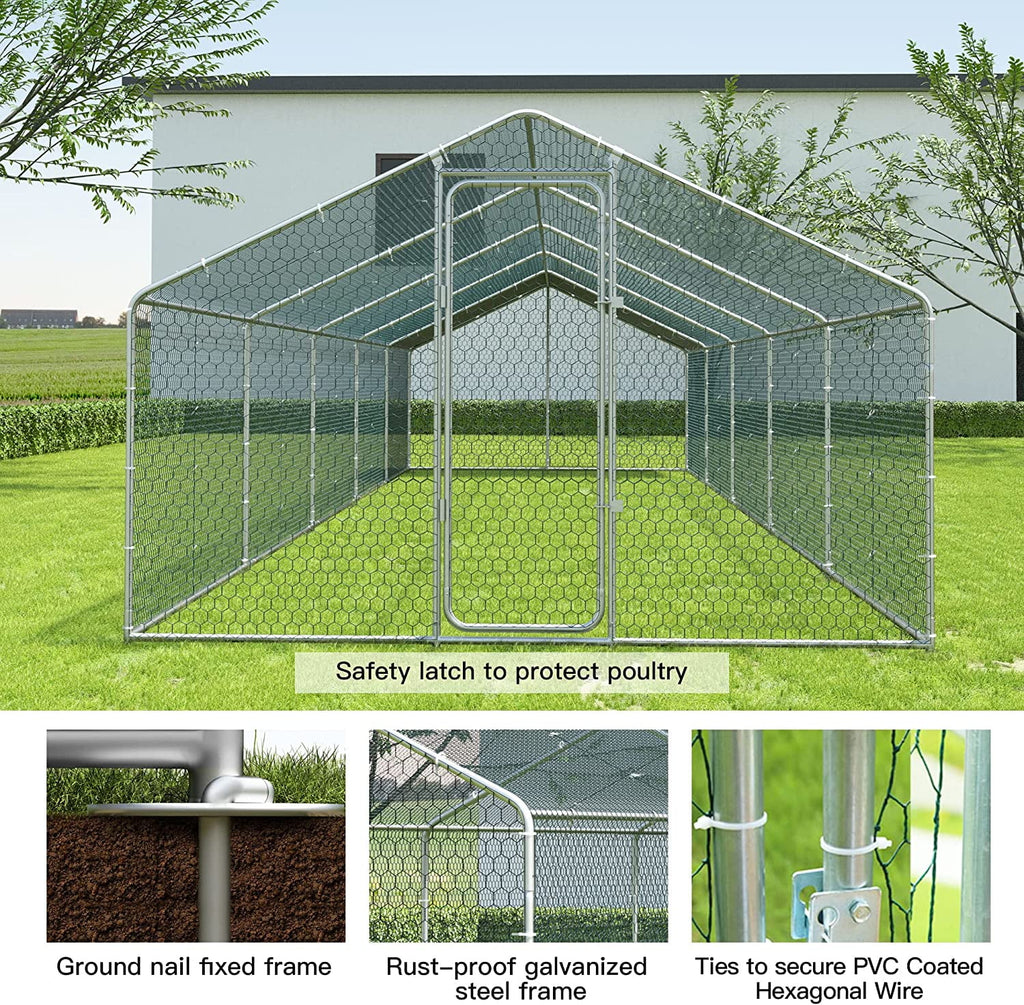 Large Metal Walk-in Chicken Coop with Waterproof UV Protection Cover J654534