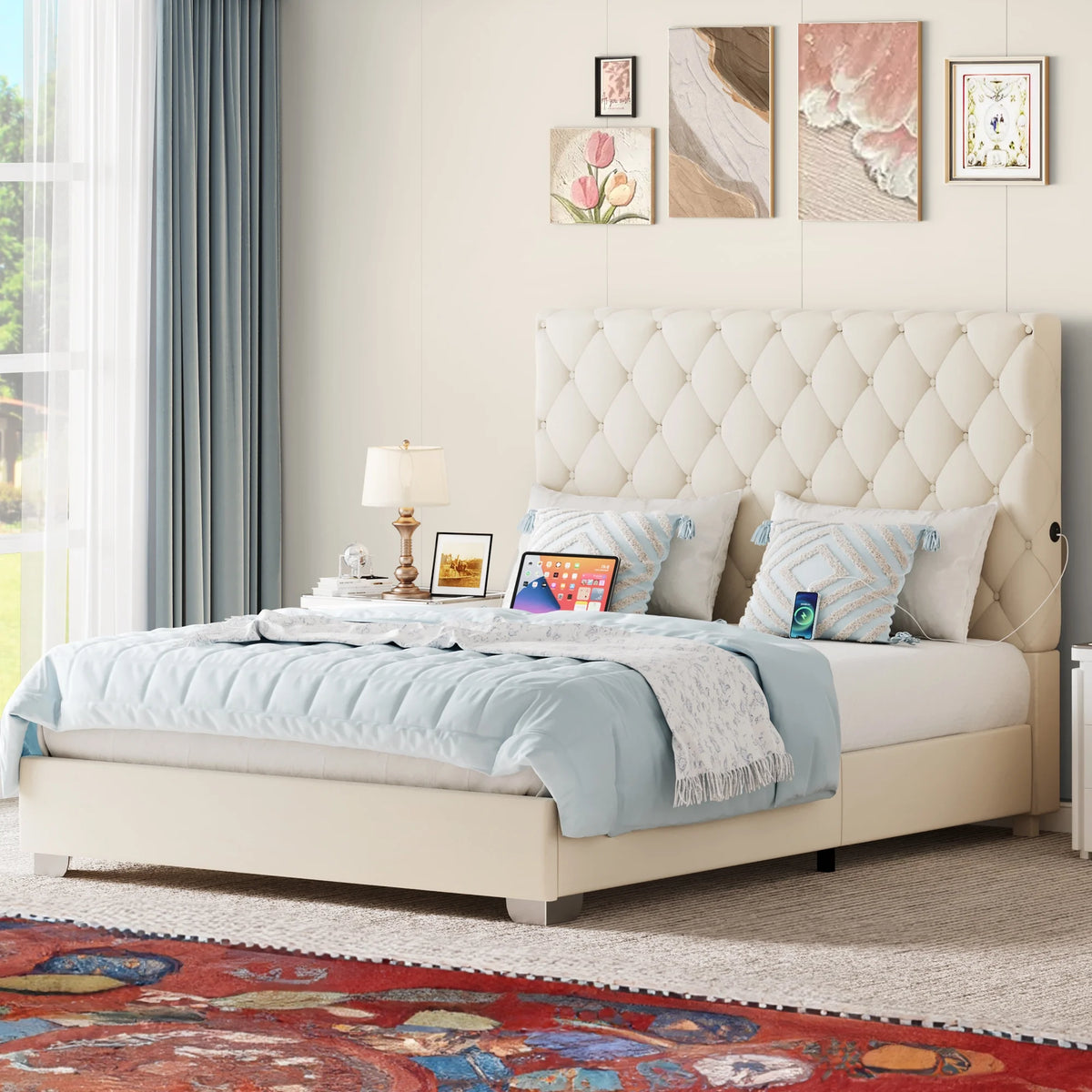 Beige Queen Size Upholstered Platform Bed Frame with Tufted Headboard P3792