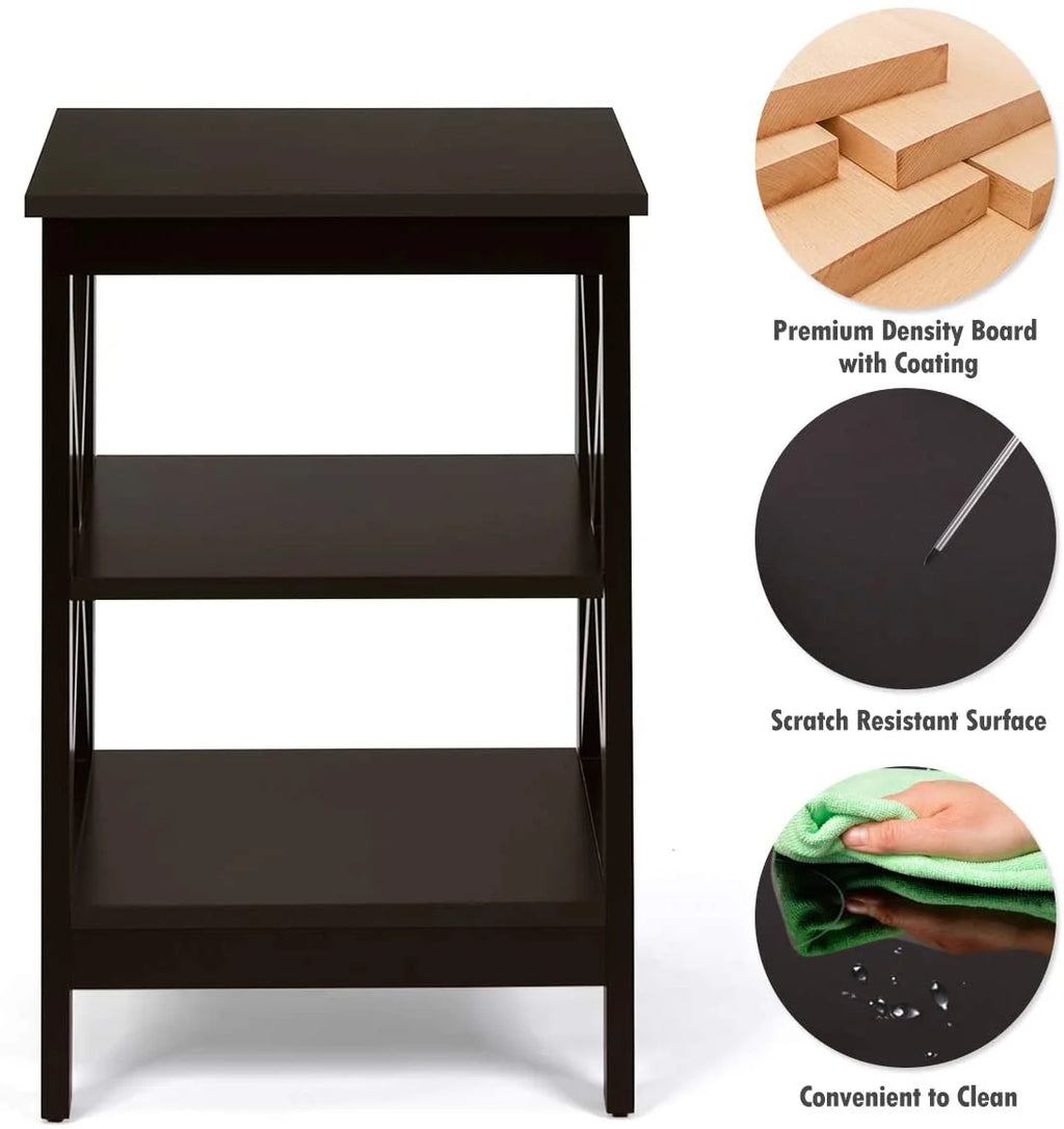 3-Tier Nightstand Set of 2 Wooden Side Table with Storage Shelf Y109