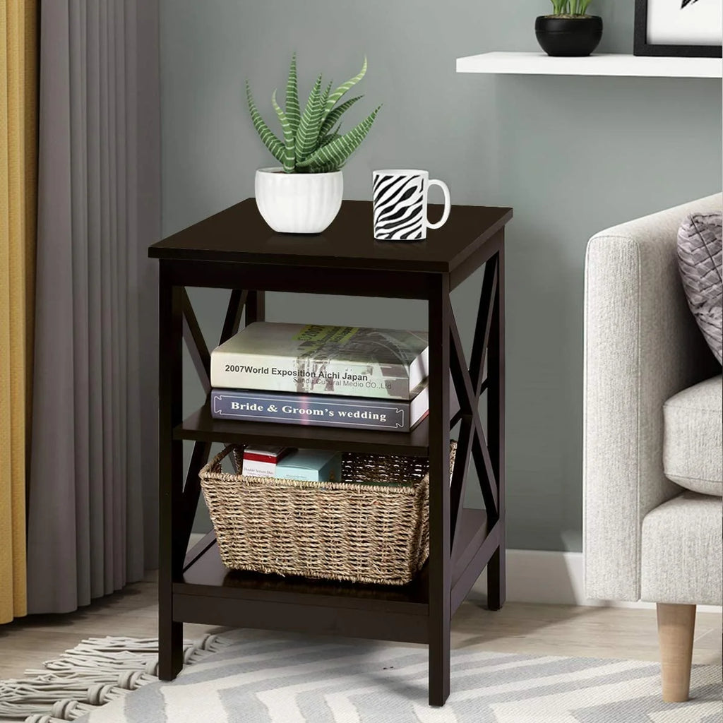 3-Tier Nightstand Set of 2 Wooden Side Table with Storage Shelf Y109