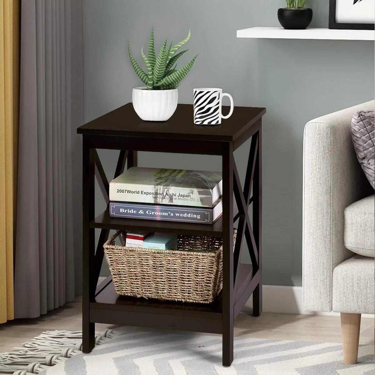 3-Tier Nightstand Set of 2 Wooden Side Table with Storage Shelf Y109