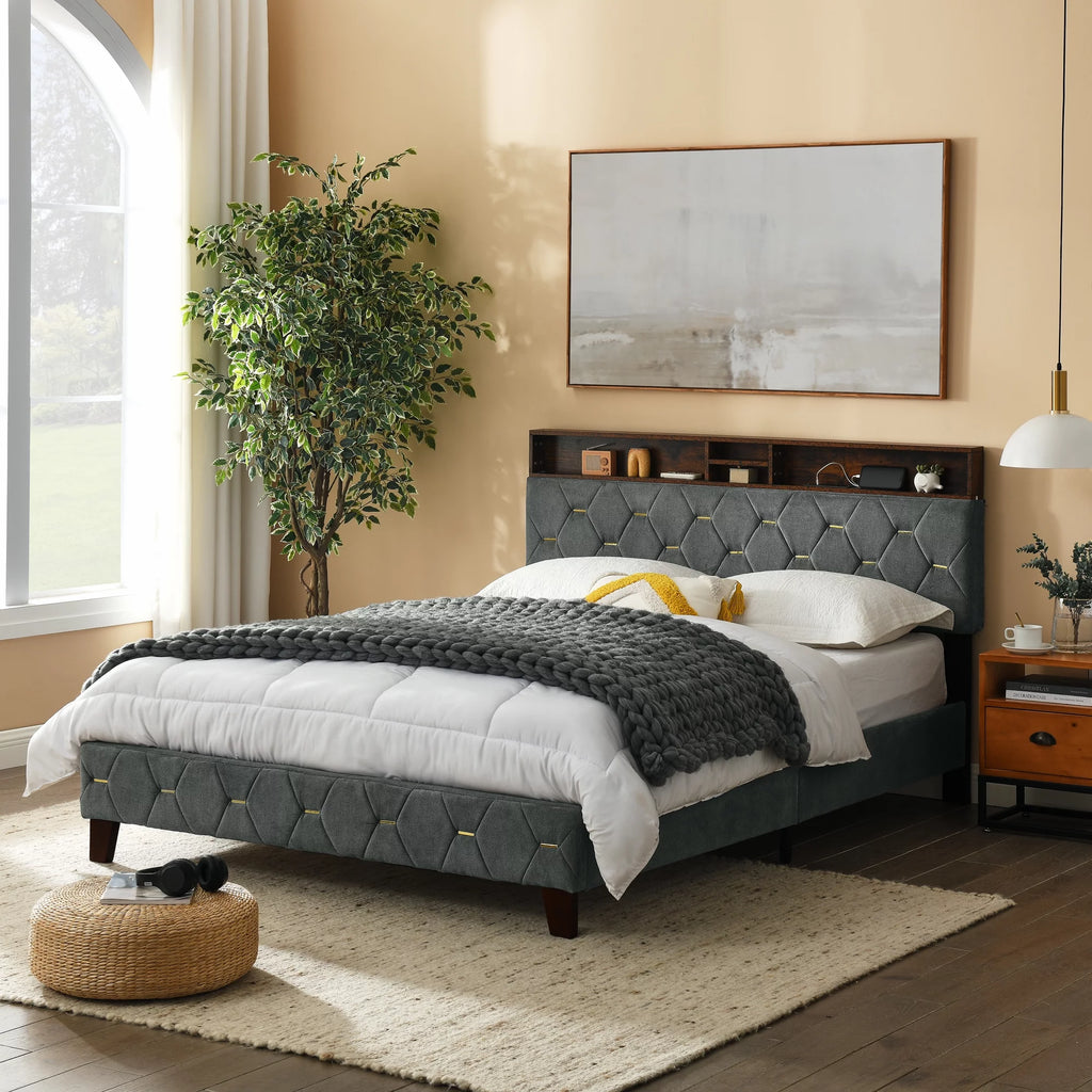 Queen Size Upholstered Platform Bed with Shelf F665702