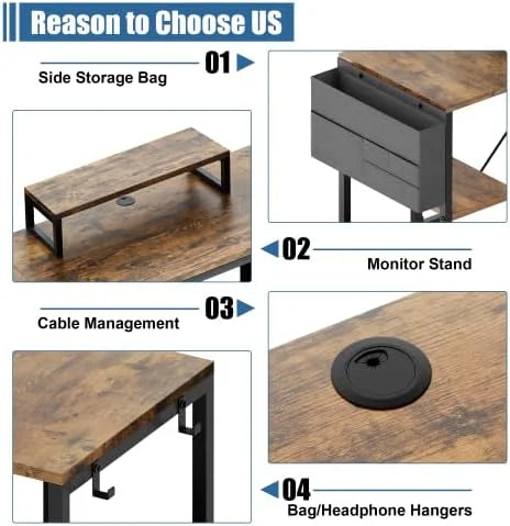 L Shaped Desk with Shelves Monitor Stand Bag Hooks Black Y960334