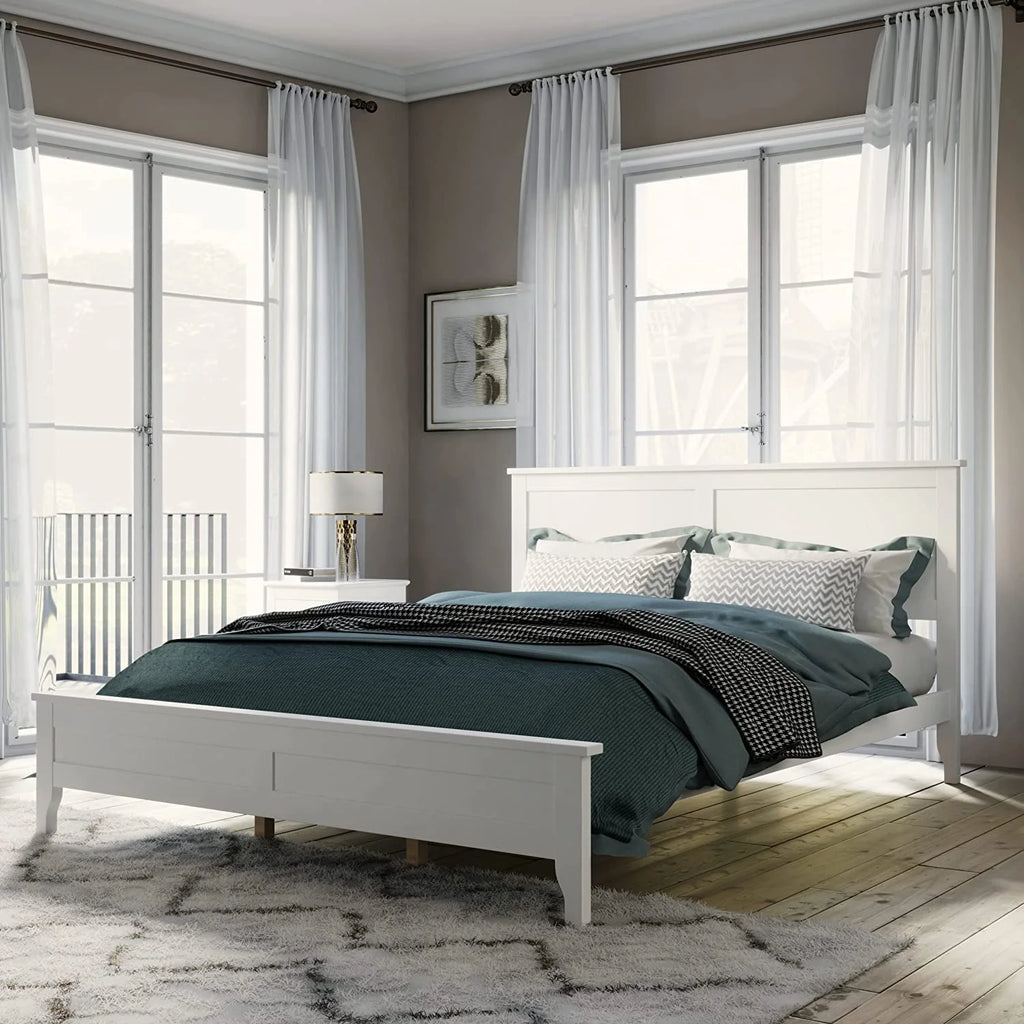 White Queen Size Platform Bed with Headboard D8691