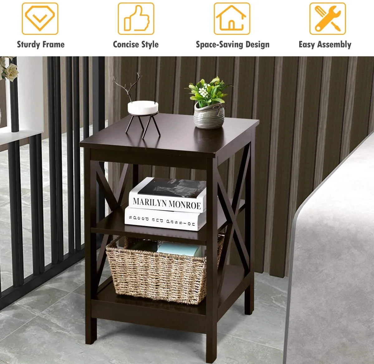 3-Tier Nightstand Set of 2 Wooden Side Table with Storage Shelf Y109