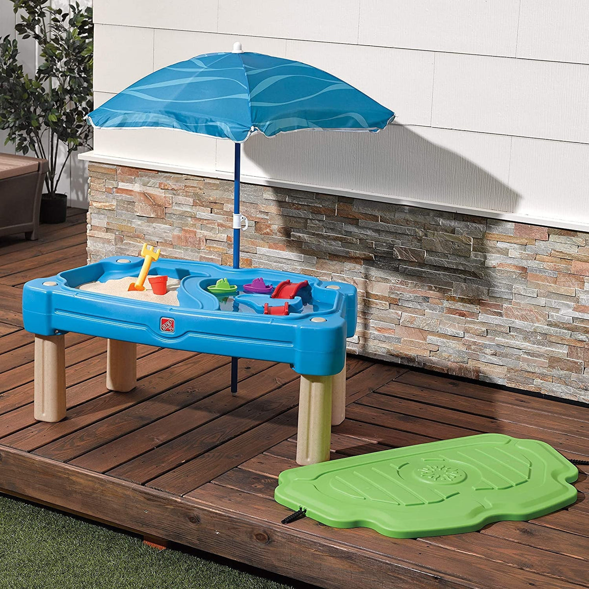 Blue Plastic Sandbox and Water Table with Cover and Umbrella W2165