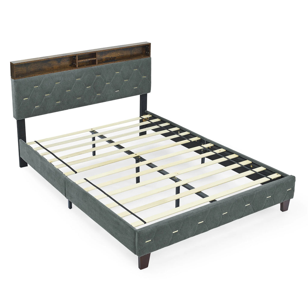 Queen Size Upholstered Platform Bed with Shelf F665702