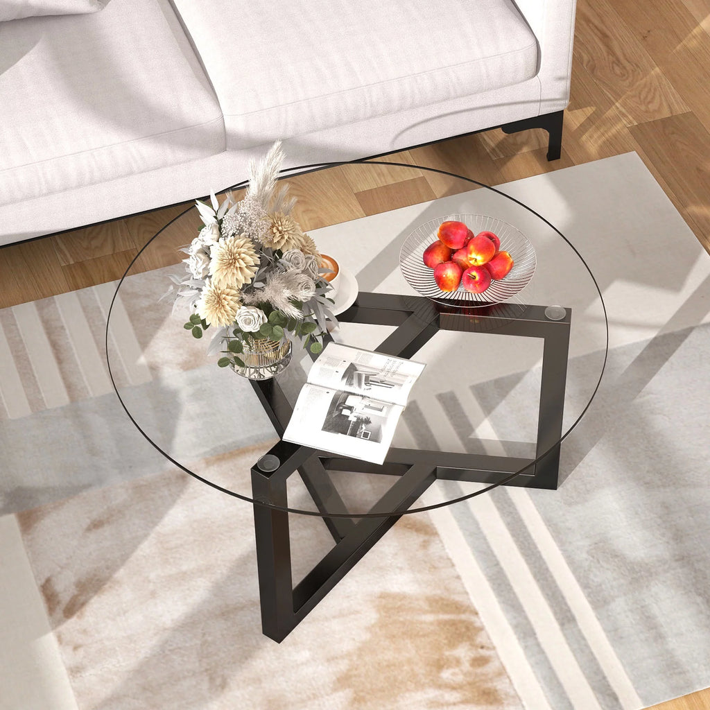 Round Glass Coffee Table with Tempered Glass Top & Wood Base I312