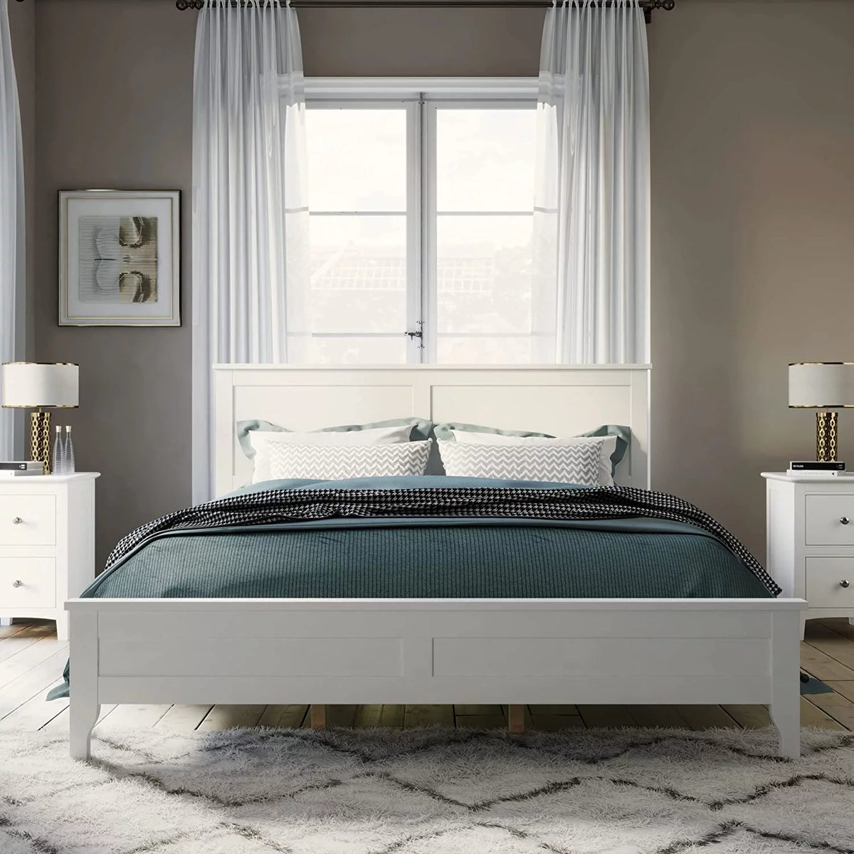 White Queen Size Platform Bed with Headboard D8691