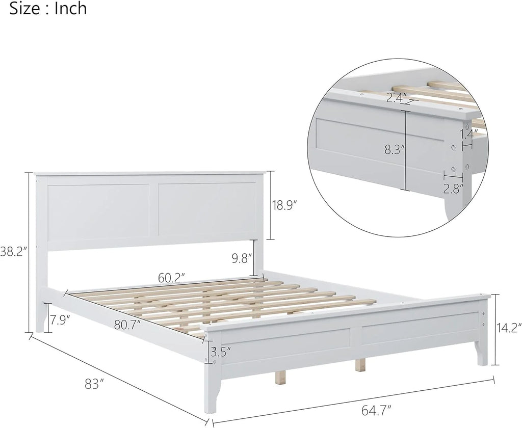 White Queen Size Platform Bed with Headboard D8691