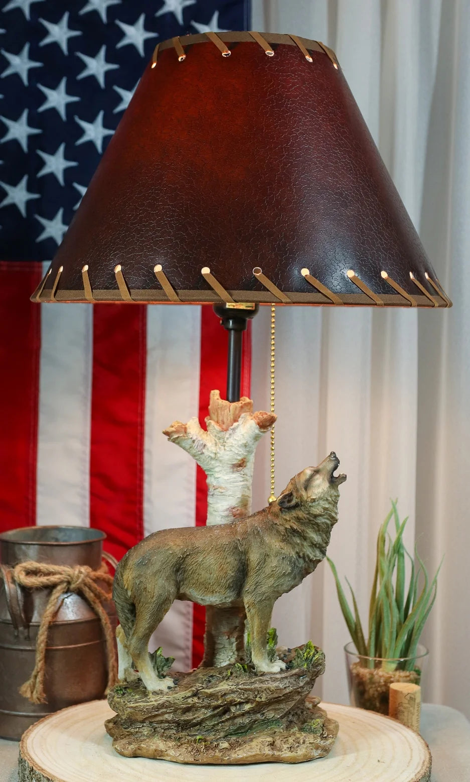 Grey Wolf Howling Birchwood Tree Table Lamp With Laced Shade W9165