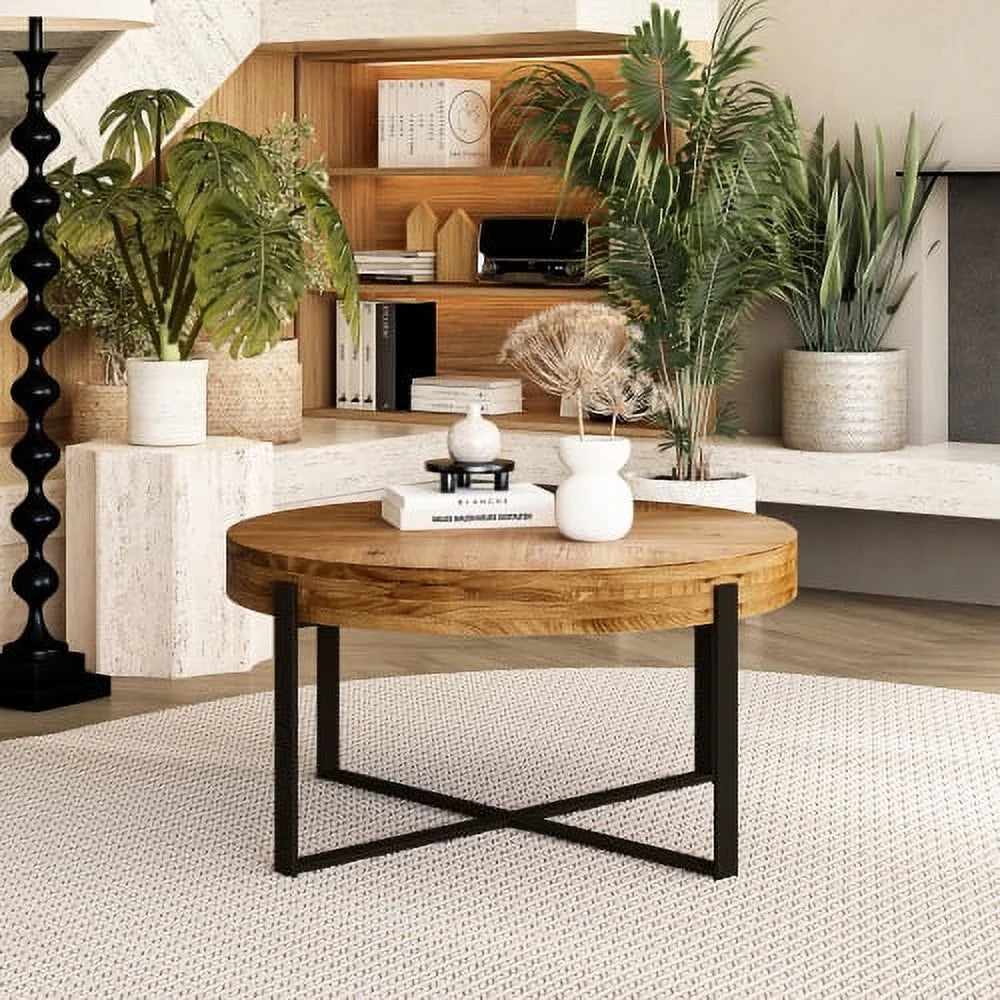 Round Coffee Table with Black Cross Legs Base P5006