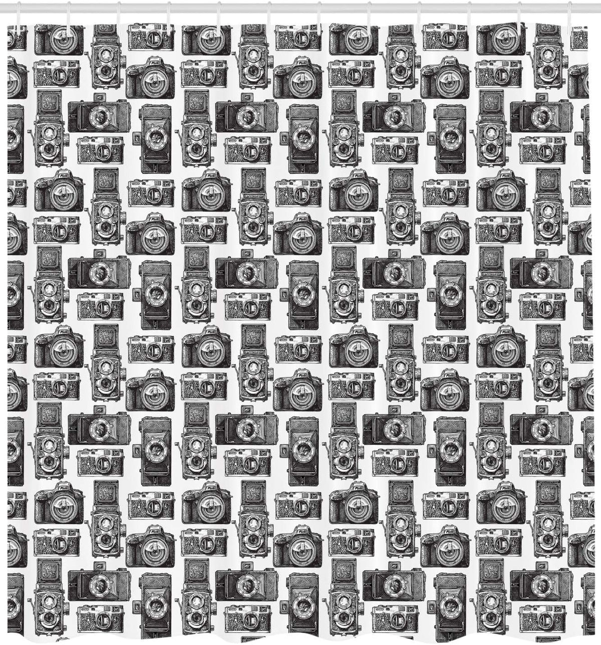 Black and White Cloth Fabric Camera Shower Curtain Set with Hooks E526594