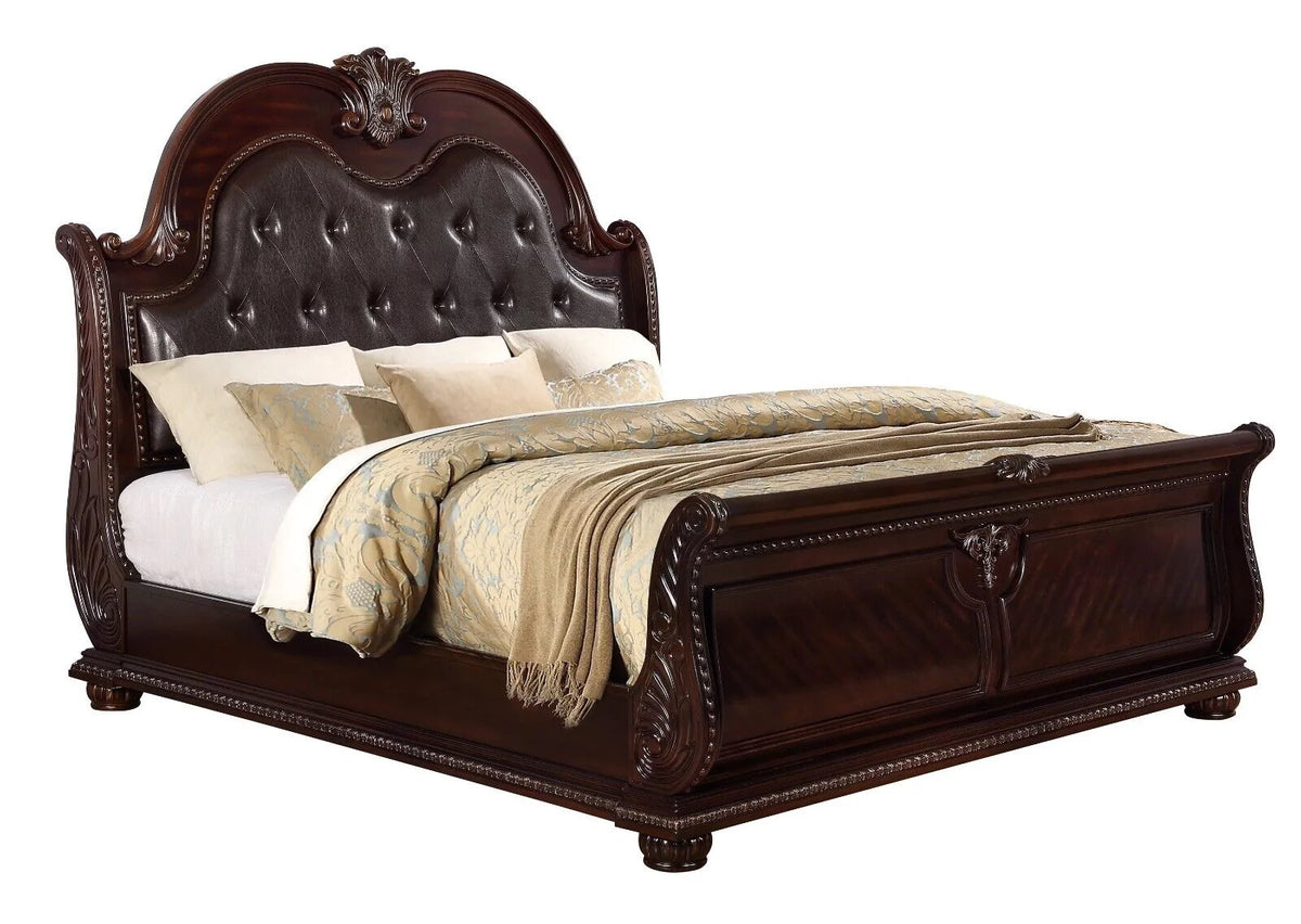 Brown Cherry Finish Queen Size Bed and Nightstands Y7653