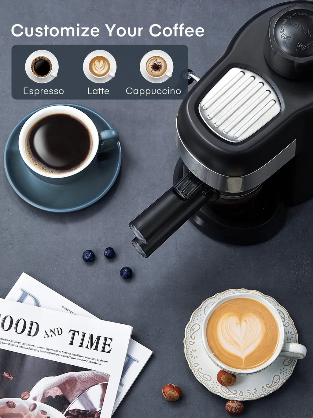 Black 3.5 Bar 4 Cup Steam Espresso Machine with Milk Frother P580