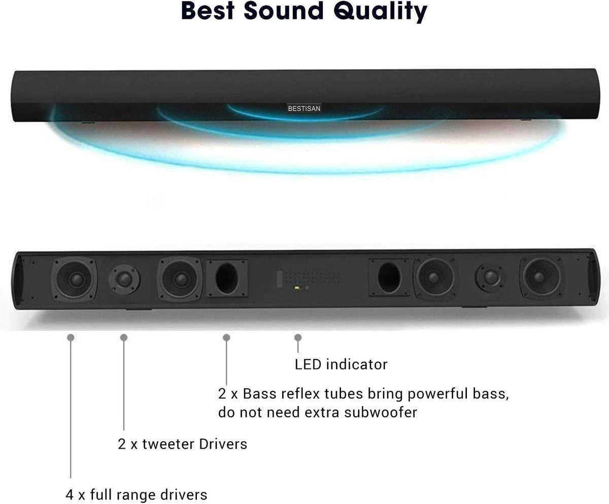 Sound Bar with Bluetooth 5.0, 40 Inch, 6 Drivers, 105dB, Wall Mountable A93333