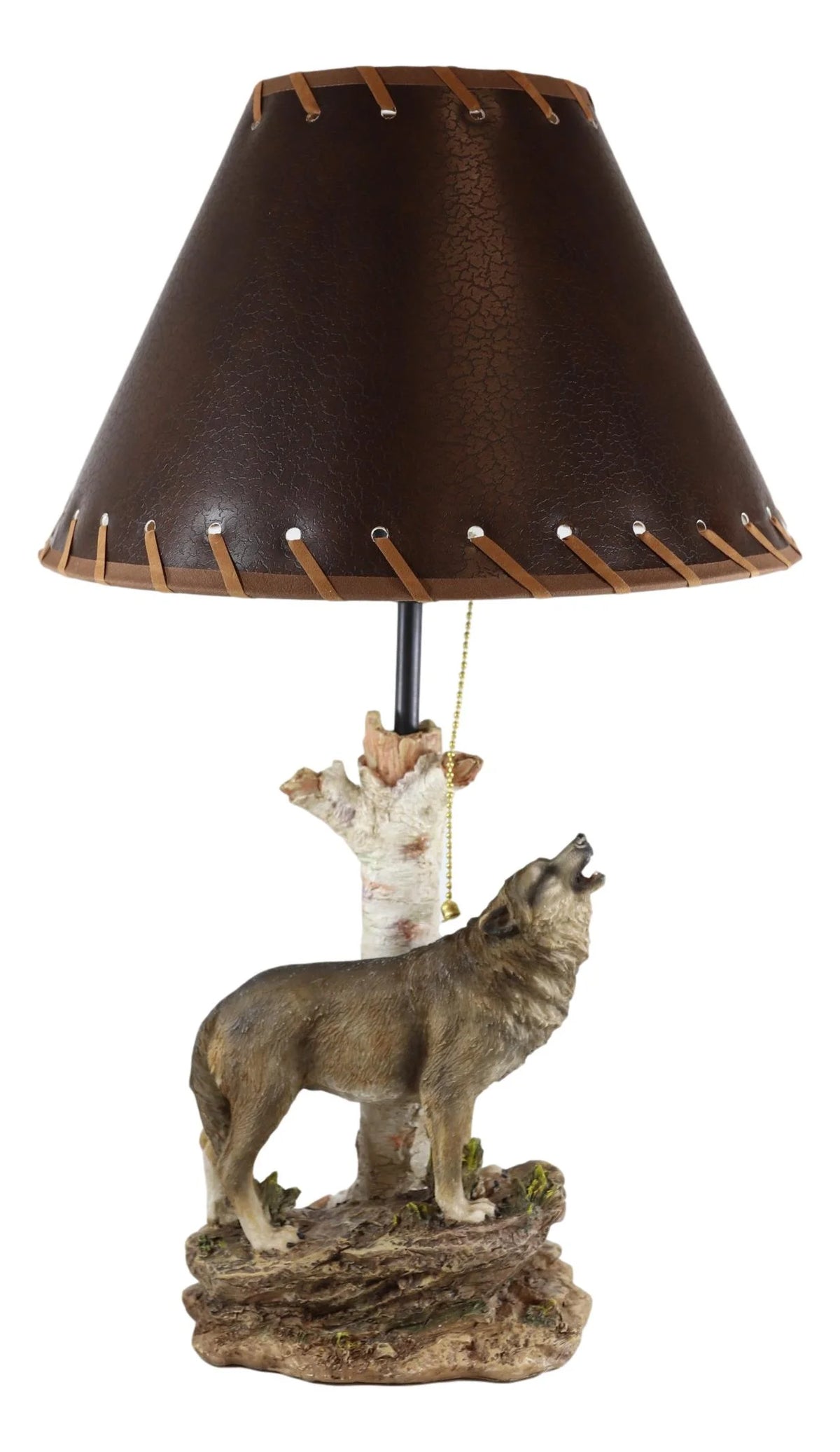 Grey Wolf Howling Birchwood Tree Table Lamp With Laced Shade W9165