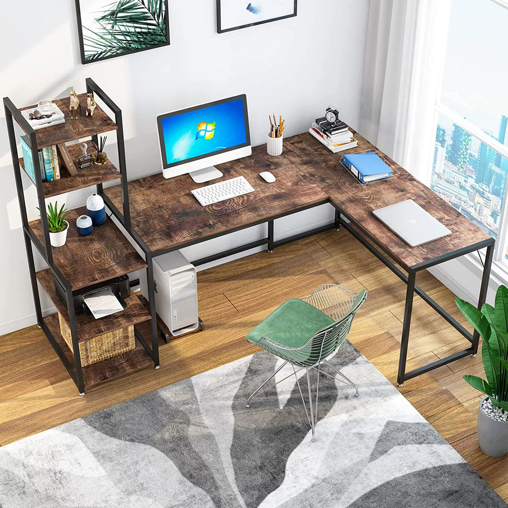 79 inch Reversible L-Shape Corner Computer Desk with 5 Tier Shelves N52353