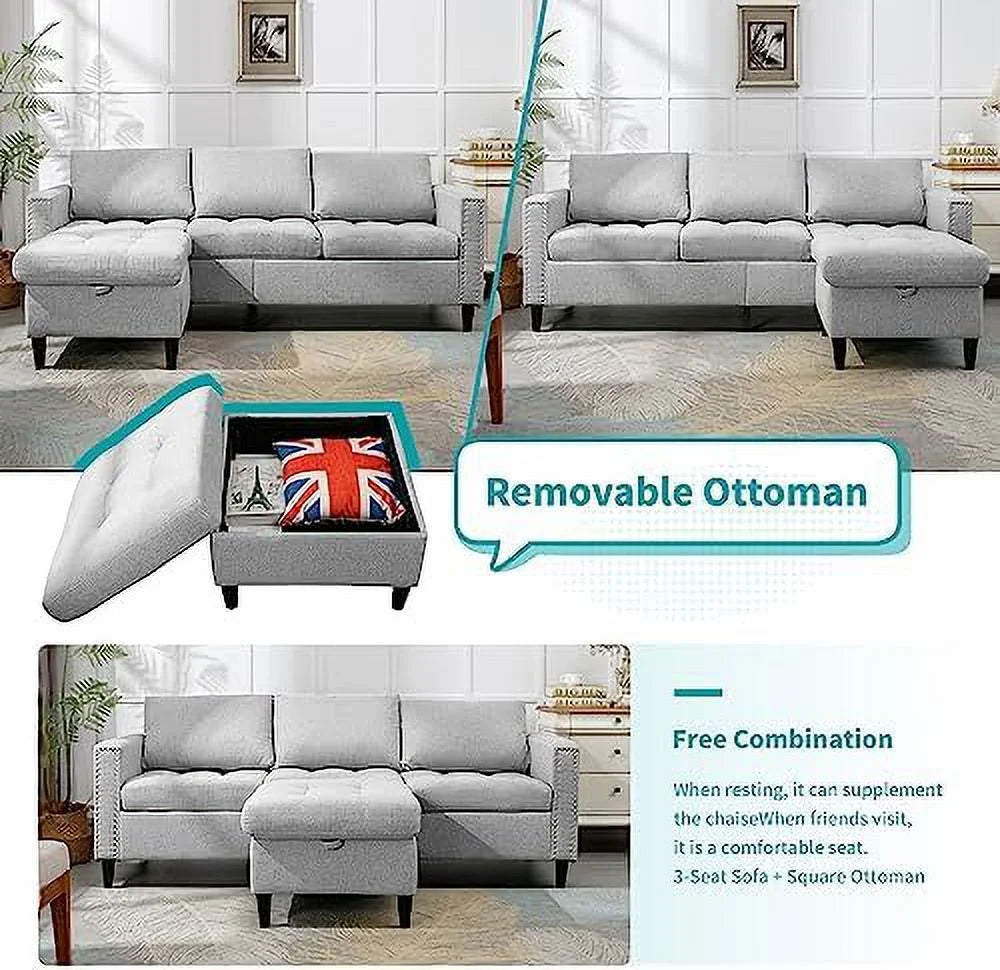 Reversible 3 Seat L Shaped Sectional Sofa Bed with Ottoman Chaise Beige H340