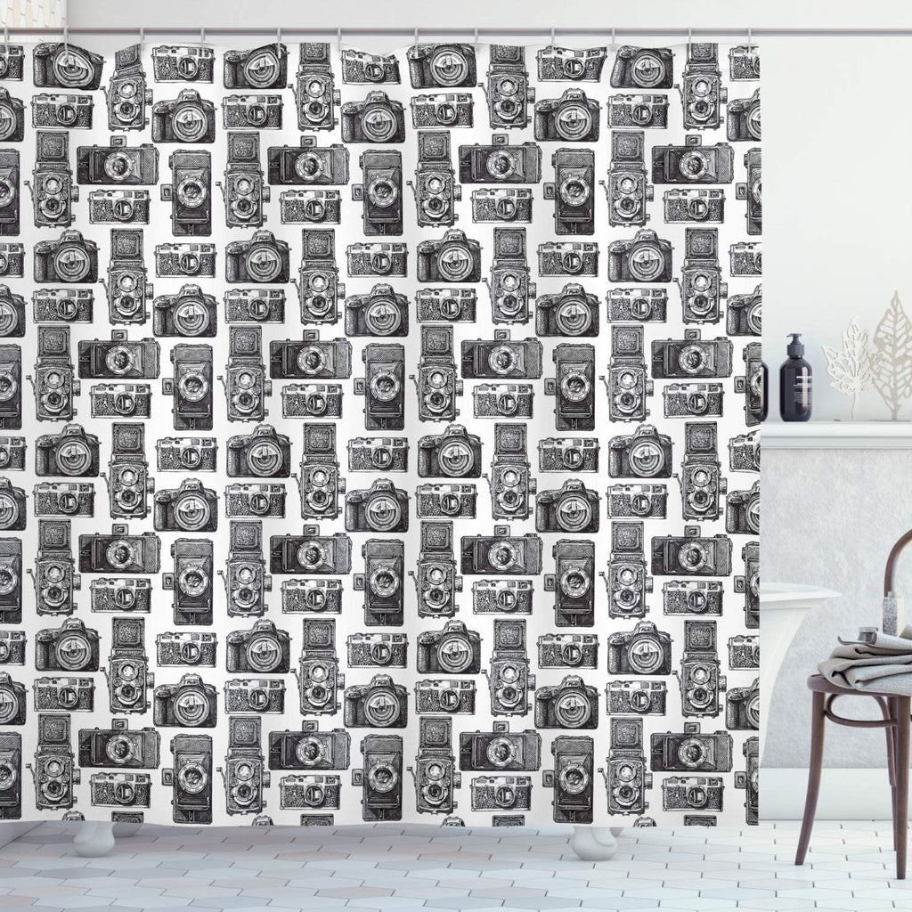 Black and White Cloth Fabric Camera Shower Curtain Set with Hooks E526594