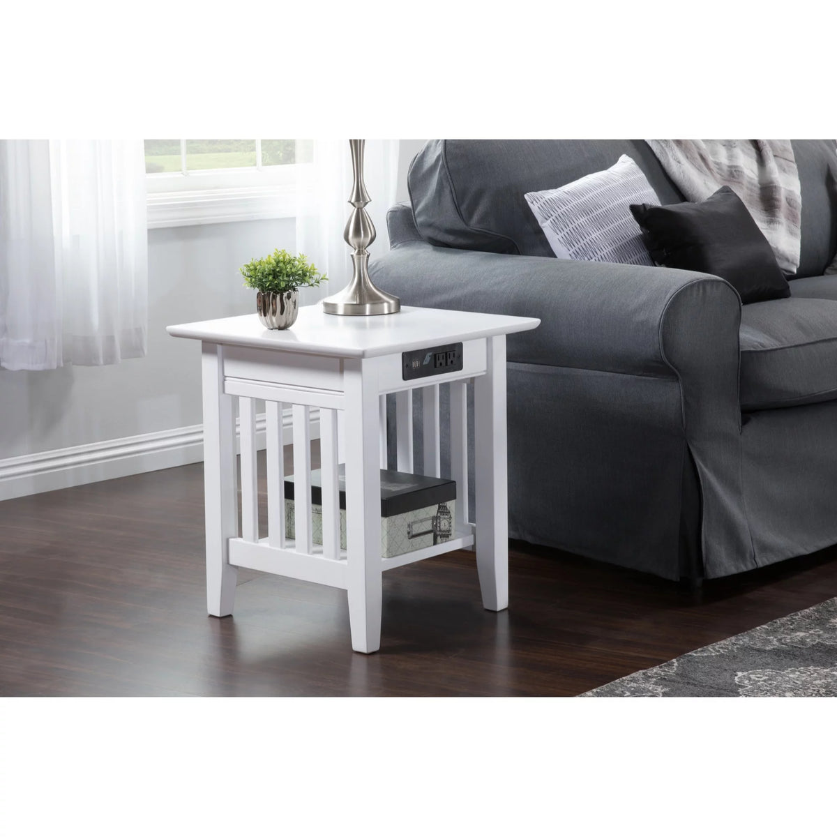 Solid Hardwood End Table with USB Charger Set of 2 White K31799