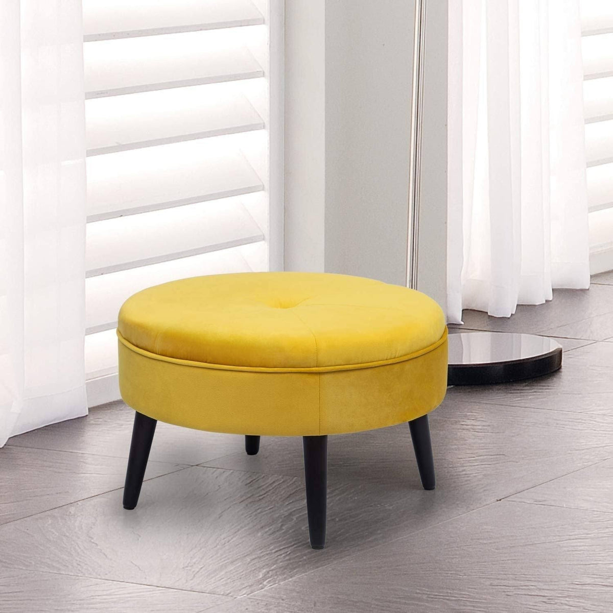 Yellow Round Tufted Fabric Ottoman P5493