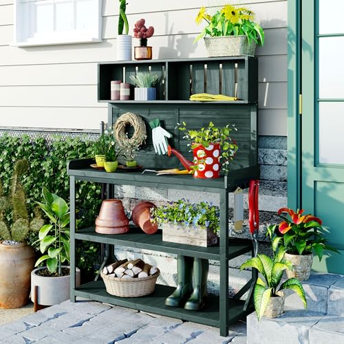 Green Wooden Potting Bench Table with Storage Shelves U86251