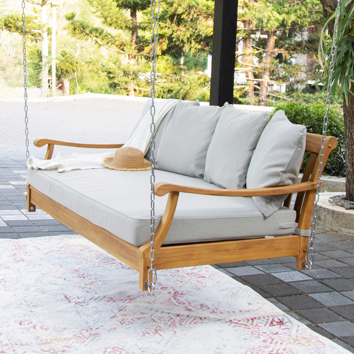 Teak Wood Outdoor Swing Daybed with Cushion F408521
