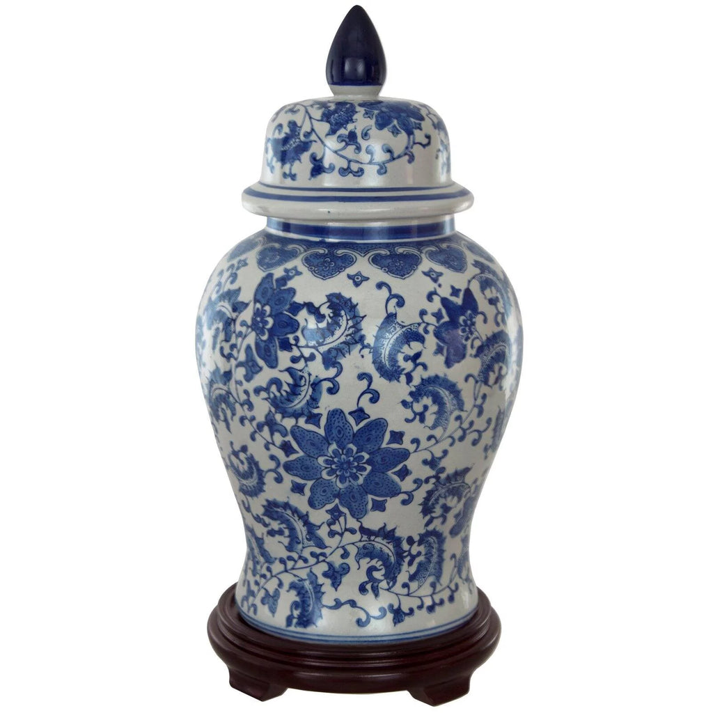 18" Floral Blue & White Porcelain Temple Jar U613754