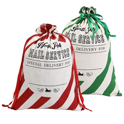 2 Pack Christmas Stripe Canvas Santa Sack with Drawstring C4036