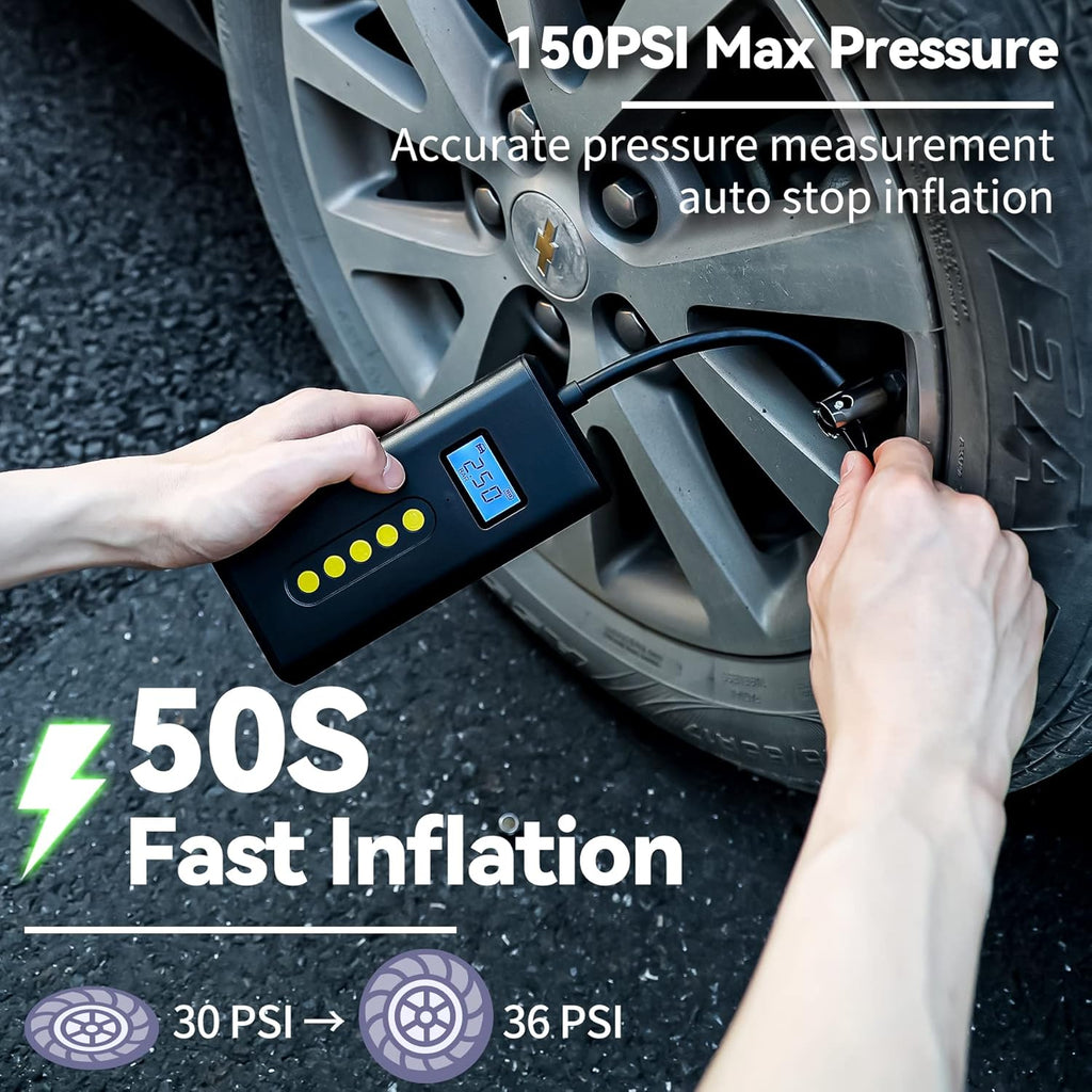 Portable Tire Inflator 150PSI Electric Tire Pump Rechargeable Air Compressor with LED Lights, Power Bank, Black Pack of 2 C758559