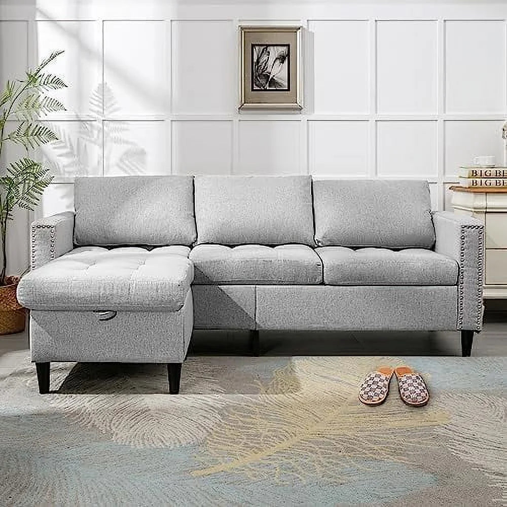 Reversible 3 Seat L Shaped Sectional Sofa Bed with Ottoman Chaise Beige H340