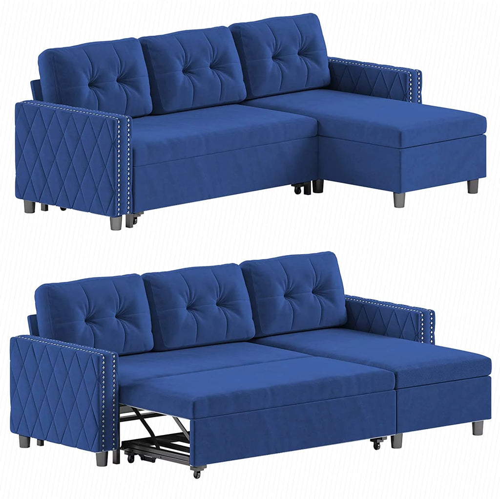 Velvet L-Shape Sleeper Sectional Sofa with Chaise Storage W916