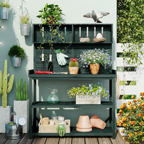 Green Wooden Potting Bench Table with Storage Shelves U86251