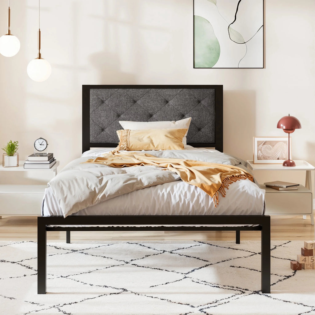Twin Size Metal Platform Bed Frame with Fabric Headboard J243