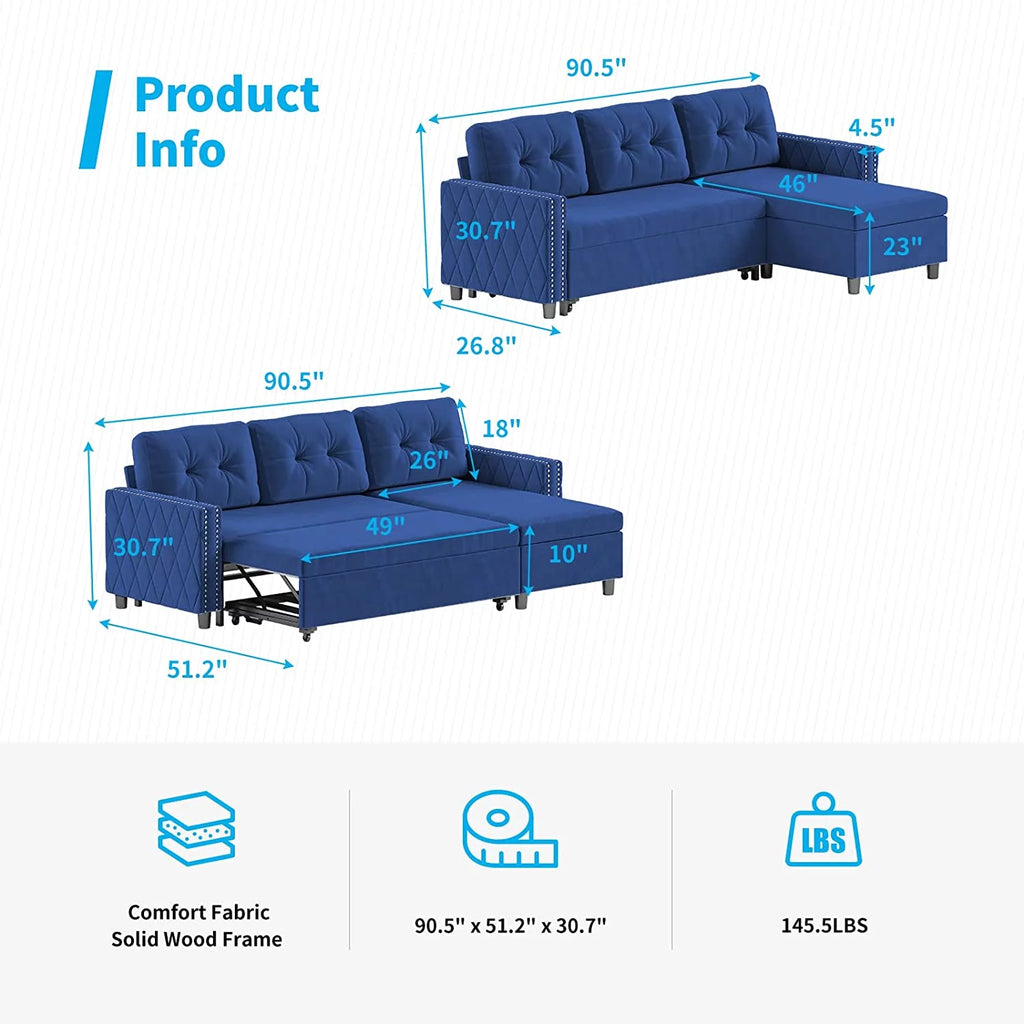 Velvet L-Shape Sleeper Sectional Sofa with Chaise Storage W916