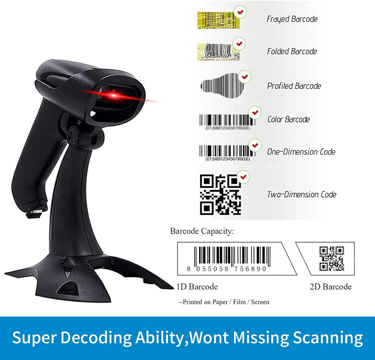 2 Pack Wireless 2D Barcode Scanner with Stand, USB Wired Handheld Bar Code Reader U861